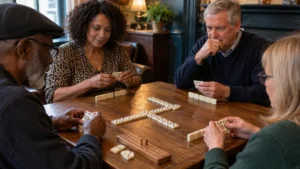 Four players playing partnership dominoes around a table.