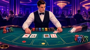 Modern vector illustration of a casino dealer arranging aces, numbered cards and face cards on a baccarat table with colourful poker chips.