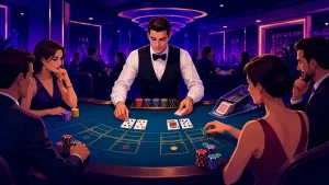 Modern vector illustration of a casino dealer dealing baccarat cards while players place chips and watch the game at the table.