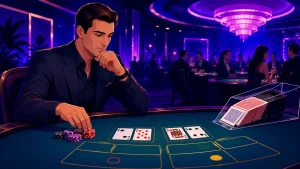 Modern vector illustration of a casino player carefully choosing a baccarat bet while managing poker chips beside the gaming table.