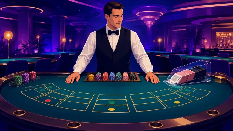 Modern_vector_illustration_of_a_casino_dealer_standing_behind_a_baccarat_table_with_Player,_Banker_and_Tie_betting_areas,_poker_chips_and_a_card_shoe[1]